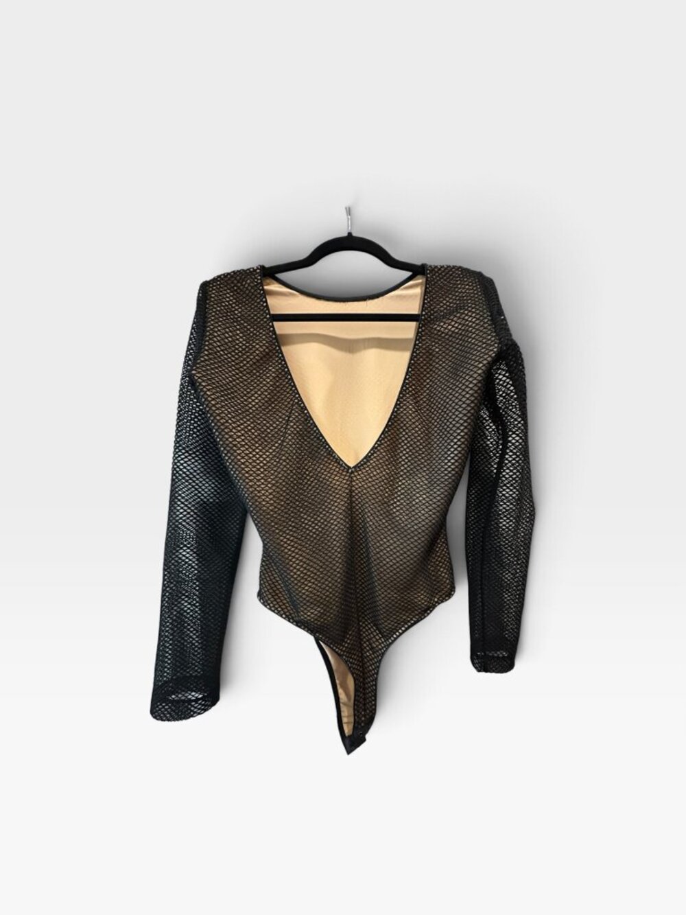 Dress the Population Black Fishnet Long Sleeve Bodysuit Size M